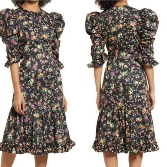 Black Halo Nadir Floral Puff Sleeve Black Floral Dress Size :6